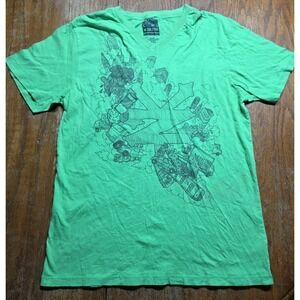 Y2K Zoo York Skate T-Shirt‎ Green L Graffiti AOP V-neck Grunge Hip Hop
